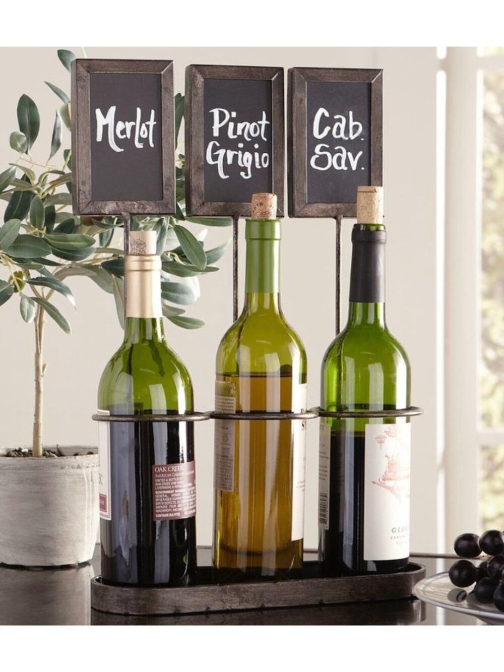 Creative Co-op Black Metal Chalkboard Wine Holder Holds 3 Bottles 17.5" tall NWT